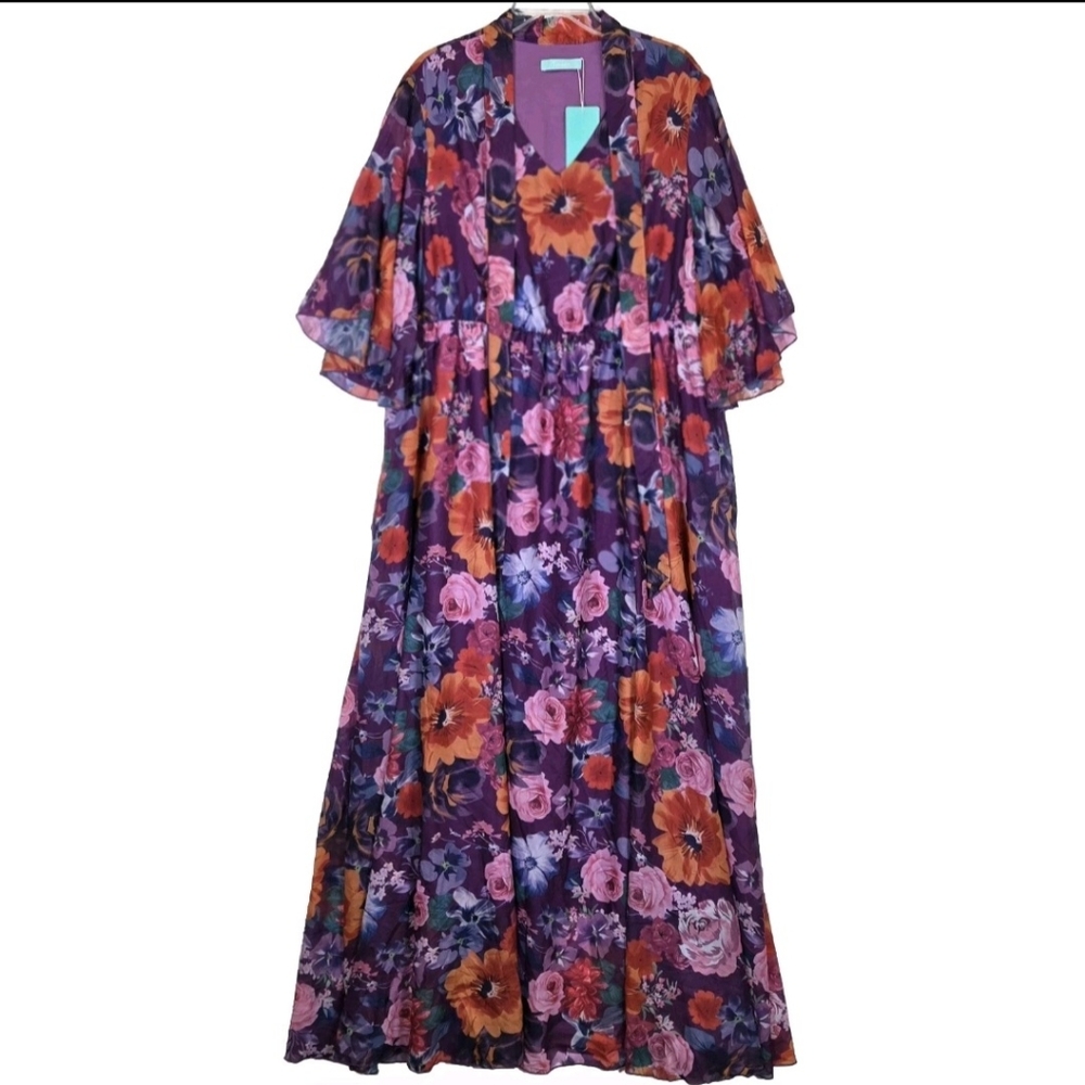 Toleen Purple Floral Chiffon Keyhole V Neck Plus Maxi Dress sz 3XL NWT